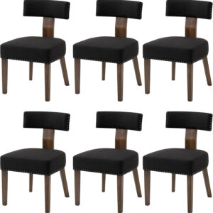 Upholstered Rattan Dining Chairs Set of 4, Mid-Century Modern Fabric Dining Room Chairs with Brown Hardwood Frame, Curved Backrest Kitchen Armless Accent Chairs for Living Room (Black)