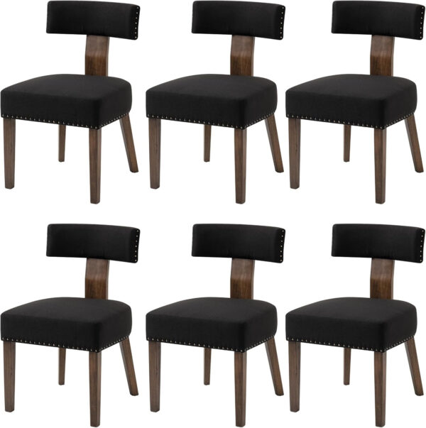 Upholstered Rattan Dining Chairs Set of 4, Mid-Century Modern Fabric Dining Room Chairs with Brown Hardwood Frame, Curved Backrest Kitchen Armless Accent Chairs for Living Room (Black)