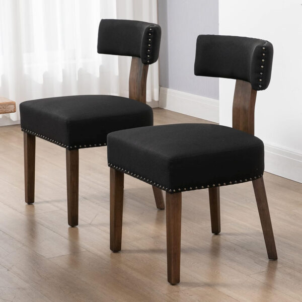 Upholstered Rattan Dining Chairs Set of 4, Mid-Century Modern Fabric Dining Room Chairs with Brown Hardwood Frame, Curved Backrest Kitchen Armless Accent Chairs for Living Room (Black)