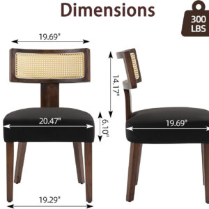 Upholstered Rattan Dining Chairs Set of 4, Mid-Century Modern Fabric Dining Room Chairs with Brown Hardwood Frame, Curved Backrest Kitchen Armless Accent Chairs for Living Room (Black)