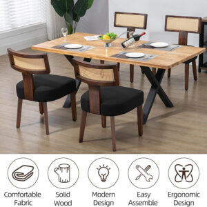 Upholstered Rattan Dining Chairs Set of 4, Mid-Century Modern Fabric Dining Room Chairs with Brown Hardwood Frame, Curved Backrest Kitchen Armless Accent Chairs for Living Room (Black)