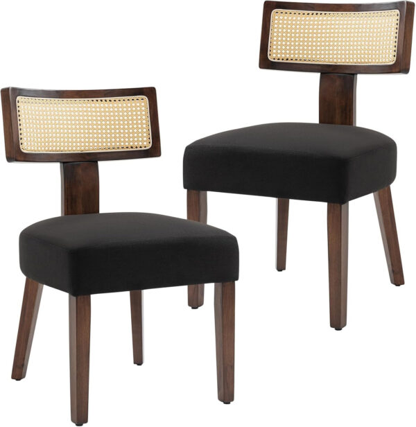 Upholstered Rattan Dining Chairs Set of 4, Mid-Century Modern Fabric Dining Room Chairs with Brown Hardwood Frame, Curved Backrest Kitchen Armless Accent Chairs for Living Room (Black)