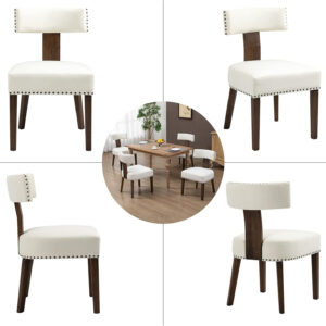 Upholstered Rattan Dining Chairs Set of 4, Mid-Century Modern Fabric Dining Room Chairs with Brown Hardwood Frame, Curved Backrest Kitchen Armless Accent Chairs for Living Room (Black)