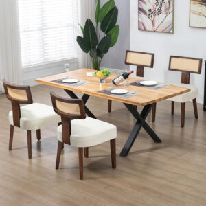 Upholstered Rattan Dining Chairs Set of 4, Mid-Century Modern Fabric Dining Room Chairs with Brown Hardwood Frame, Curved Backrest Kitchen Armless Accent Chairs for Living Room (Black)