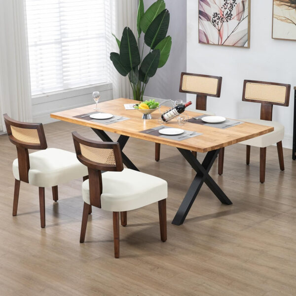 Upholstered Rattan Dining Chairs Set of 4, Mid-Century Modern Fabric Dining Room Chairs with Brown Hardwood Frame, Curved Backrest Kitchen Armless Accent Chairs for Living Room (Black)