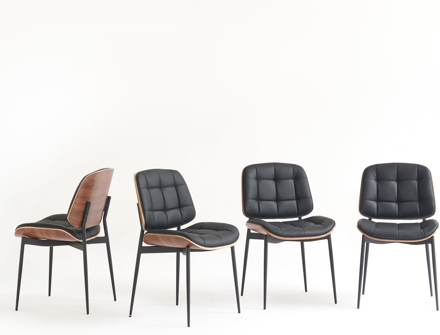 Mid Century Modern Dining Chairs with Walnut Grain Back, Black Faux Leather Dining Room Chairs Set of 4, Checkered Soft Cushion Kitchen Chairs with Adjustable Foot Pads