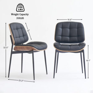 Mid Century Modern Dining Chairs with Walnut Grain Back, Black Faux Leather Dining Room Chairs Set of 4, Checkered Soft Cushion Kitchen Chairs with Adjustable Foot Pads