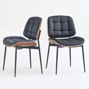 Mid Century Modern Dining Chairs with Walnut Grain Back, Black Faux Leather Dining Room Chairs Set of 4, Checkered Soft Cushion Kitchen Chairs with Adjustable Foot Pads