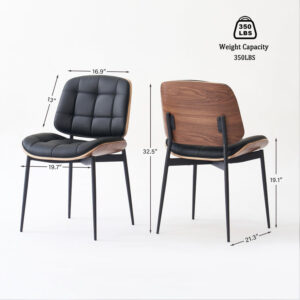 Mid Century Modern Dining Chairs with Walnut Grain Back, Black Faux Leather Dining Room Chairs Set of 4, Checkered Soft Cushion Kitchen Chairs with Adjustable Foot Pads