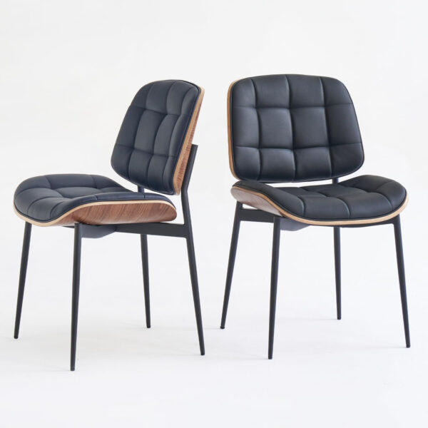 Mid Century Modern Dining Chairs with Walnut Grain Back, Black Faux Leather Dining Room Chairs Set of 4, Checkered Soft Cushion Kitchen Chairs with Adjustable Foot Pads