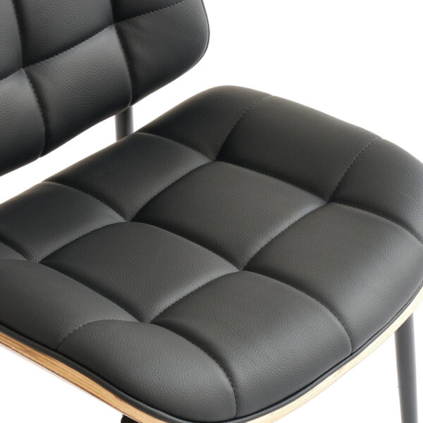 Mid Century Modern Dining Chairs with Walnut Grain Back, Black Faux Leather Dining Room Chairs Set of 4, Checkered Soft Cushion Kitchen Chairs with Adjustable Foot Pads