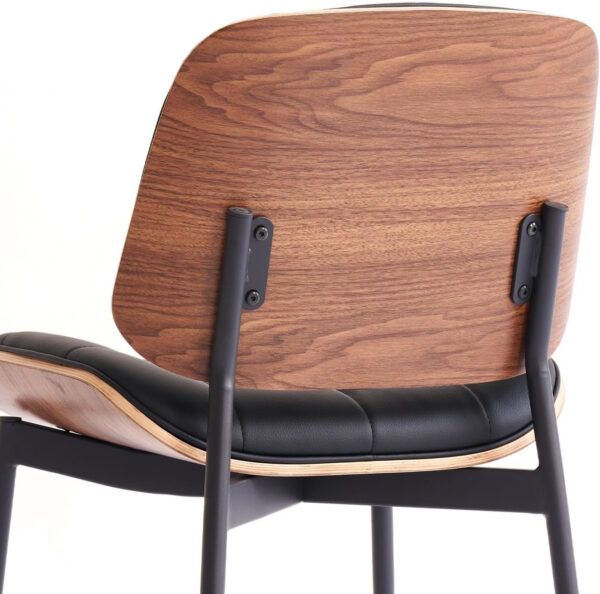 Mid Century Modern Dining Chairs with Walnut Grain Back, Black Faux Leather Dining Room Chairs Set of 4, Checkered Soft Cushion Kitchen Chairs with Adjustable Foot Pads