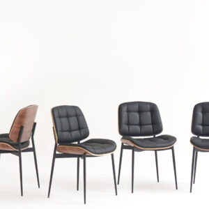 Mid Century Modern Dining Chairs with Walnut Grain Back, Black Faux Leather Dining Room Chairs Set of 4, Checkered Soft Cushion Kitchen Chairs with Adjustable Foot Pads