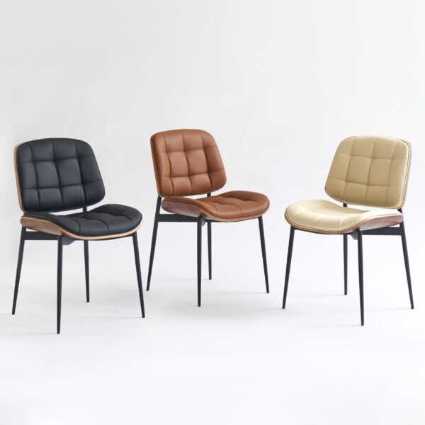 Mid Century Modern Dining Chairs with Walnut Grain Back, Black Faux Leather Dining Room Chairs Set of 4, Checkered Soft Cushion Kitchen Chairs with Adjustable Foot Pads