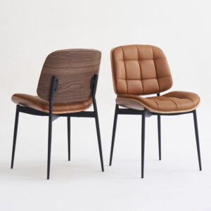 Mid Century Modern Dining Chairs with Walnut Grain Back, Black Faux Leather Dining Room Chairs Set of 4, Checkered Soft Cushion Kitchen Chairs with Adjustable Foot Pads