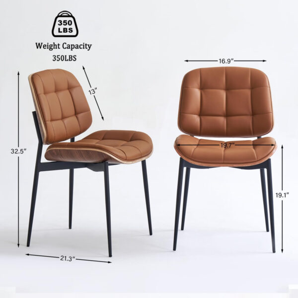 Mid Century Modern Dining Chairs with Walnut Grain Back, Black Faux Leather Dining Room Chairs Set of 4, Checkered Soft Cushion Kitchen Chairs with Adjustable Foot Pads