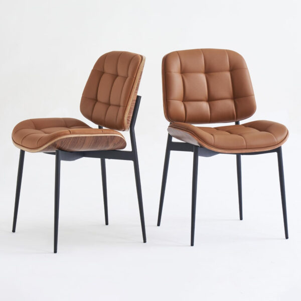 Mid Century Modern Dining Chairs with Walnut Grain Back, Black Faux Leather Dining Room Chairs Set of 4, Checkered Soft Cushion Kitchen Chairs with Adjustable Foot Pads