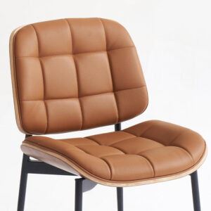 Mid Century Modern Dining Chairs with Walnut Grain Back, Black Faux Leather Dining Room Chairs Set of 4, Checkered Soft Cushion Kitchen Chairs with Adjustable Foot Pads