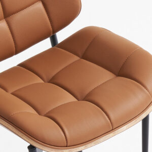 Mid Century Modern Dining Chairs with Walnut Grain Back, Black Faux Leather Dining Room Chairs Set of 4, Checkered Soft Cushion Kitchen Chairs with Adjustable Foot Pads