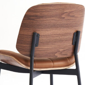 Mid Century Modern Dining Chairs with Walnut Grain Back, Black Faux Leather Dining Room Chairs Set of 4, Checkered Soft Cushion Kitchen Chairs with Adjustable Foot Pads