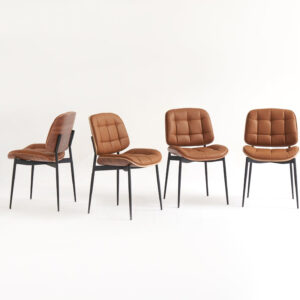 Mid Century Modern Dining Chairs with Walnut Grain Back, Black Faux Leather Dining Room Chairs Set of 4, Checkered Soft Cushion Kitchen Chairs with Adjustable Foot Pads