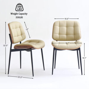 Mid Century Modern Dining Chairs with Walnut Grain Back, Black Faux Leather Dining Room Chairs Set of 4, Checkered Soft Cushion Kitchen Chairs with Adjustable Foot Pads