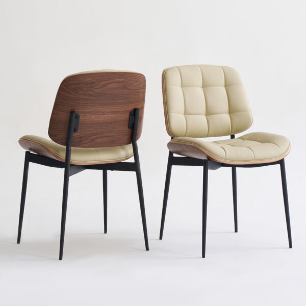 Mid Century Modern Dining Chairs with Walnut Grain Back, Black Faux Leather Dining Room Chairs Set of 4, Checkered Soft Cushion Kitchen Chairs with Adjustable Foot Pads