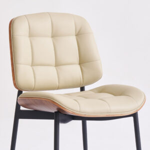 Mid Century Modern Dining Chairs with Walnut Grain Back, Black Faux Leather Dining Room Chairs Set of 4, Checkered Soft Cushion Kitchen Chairs with Adjustable Foot Pads