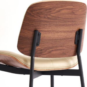 Mid Century Modern Dining Chairs with Walnut Grain Back, Black Faux Leather Dining Room Chairs Set of 4, Checkered Soft Cushion Kitchen Chairs with Adjustable Foot Pads