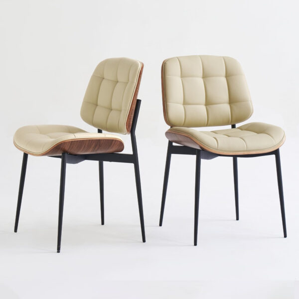 Mid Century Modern Dining Chairs with Walnut Grain Back, Black Faux Leather Dining Room Chairs Set of 4, Checkered Soft Cushion Kitchen Chairs with Adjustable Foot Pads