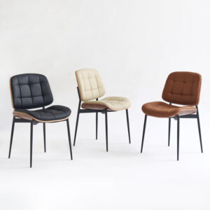 Mid Century Modern Dining Chairs with Walnut Grain Back, Black Faux Leather Dining Room Chairs Set of 4, Checkered Soft Cushion Kitchen Chairs with Adjustable Foot Pads