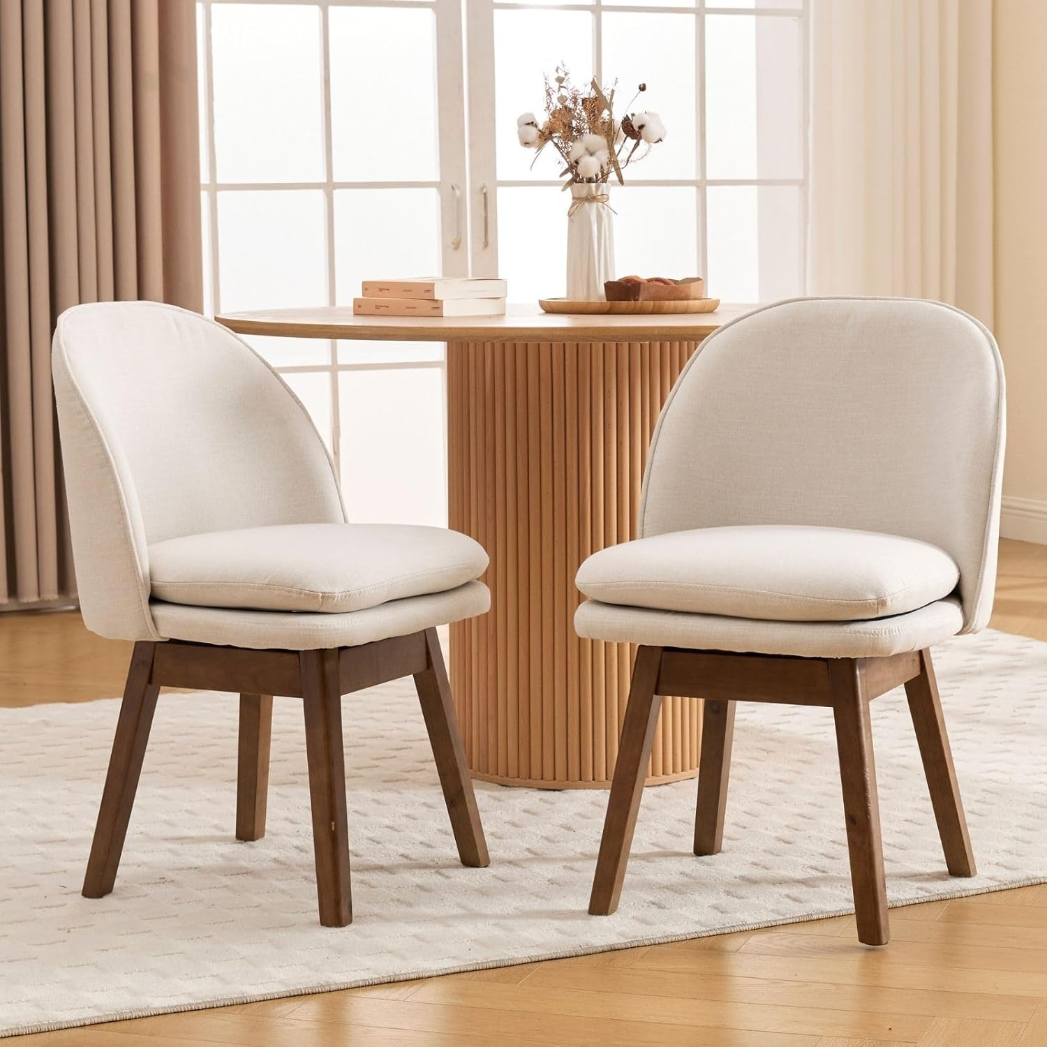Swivel Dining Chairs Set of 2 Beige Upholstered Kitchen Chairs Mid Century Modern Dining Room Chairs with Linen Fabric Cushion & Walnut Wood Legs