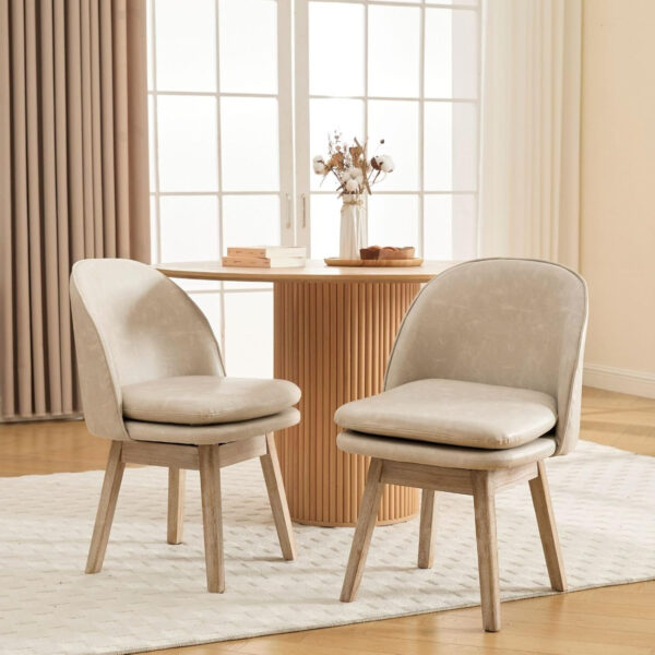 Swivel Dining Chairs Set of 2 Beige Upholstered Kitchen Chairs Mid Century Modern Dining Room Chairs with Linen Fabric Cushion & Walnut Wood Legs
