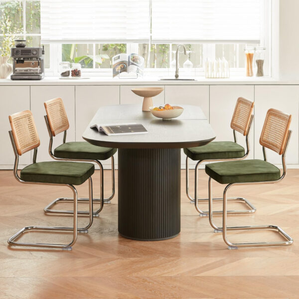 Brown Rattan Dining Chairs Set of 4,Wooden Mid-Century Modern Kitchen Chairs, Mesh Back Cane Dining Room Chairs, Cesca Chair with Metal Chrome Legs