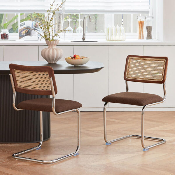 Brown Rattan Dining Chairs Set of 4,Wooden Mid-Century Modern Kitchen Chairs, Mesh Back Cane Dining Room Chairs, Cesca Chair with Metal Chrome Legs