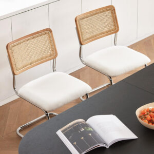 Brown Rattan Dining Chairs Set of 4,Wooden Mid-Century Modern Kitchen Chairs, Mesh Back Cane Dining Room Chairs, Cesca Chair with Metal Chrome Legs