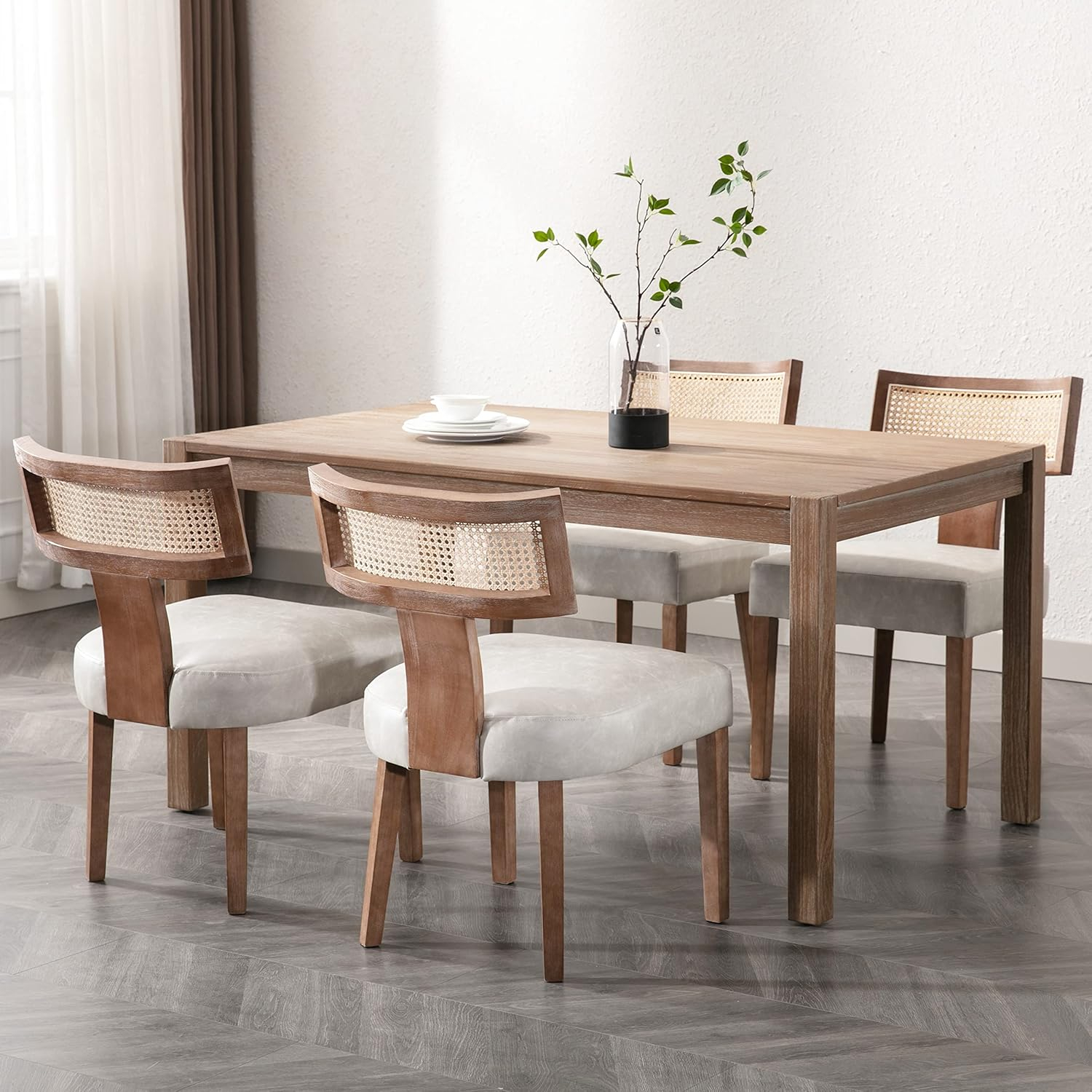 Modern Dining Chairs, Set of 4 - Rattan Back, Pu Leather Upholstered, Kitchen Chairs with Solid Wood Frame, Grey