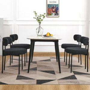 68871e815a5099093a063410d4ef261e2dd6fade66ed6e759df34.jpg EDWELL Black Boucle Dining Chairs Set of 4, Mid Century Modern Dining Room Chairs with 3.94“ Cushions, Round Upholstered Kitchen Chairs with Black Metal Legs for Dining Chair, Living Room