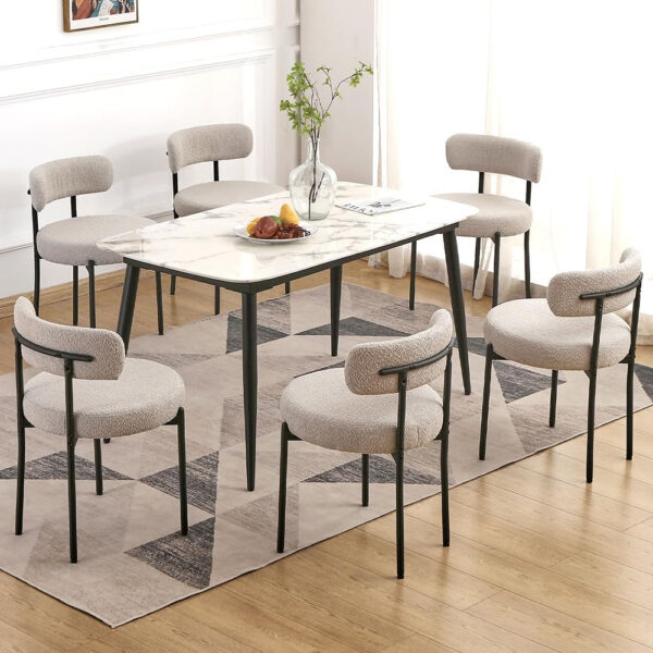 68871e8a1974a7781b1b690292cb6a707d48c2cb32288ac246ddf.jpg EDWELL Black Boucle Dining Chairs Set of 4, Mid Century Modern Dining Room Chairs with 3.94“ Cushions, Round Upholstered Kitchen Chairs with Black Metal Legs for Dining Chair, Living Room