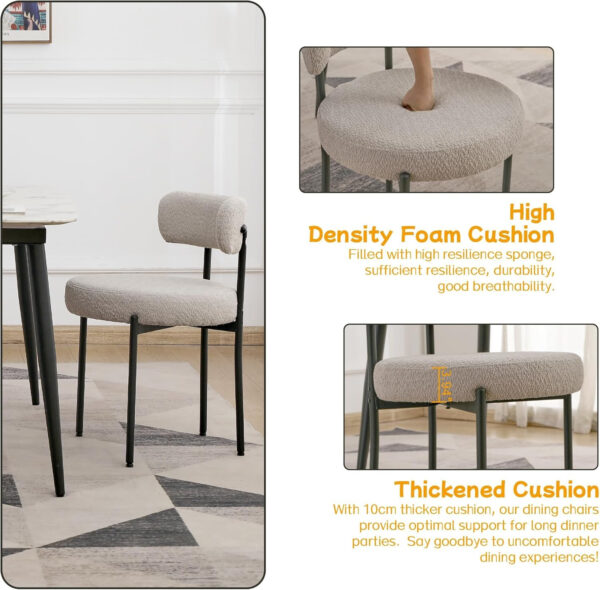 68871eaf3b4a534e65c1007c48d8d7eefa821c2ea8716a595bc29.jpg EDWELL Black Boucle Dining Chairs Set of 4, Mid Century Modern Dining Room Chairs with 3.94“ Cushions, Round Upholstered Kitchen Chairs with Black Metal Legs for Dining Chair, Living Room