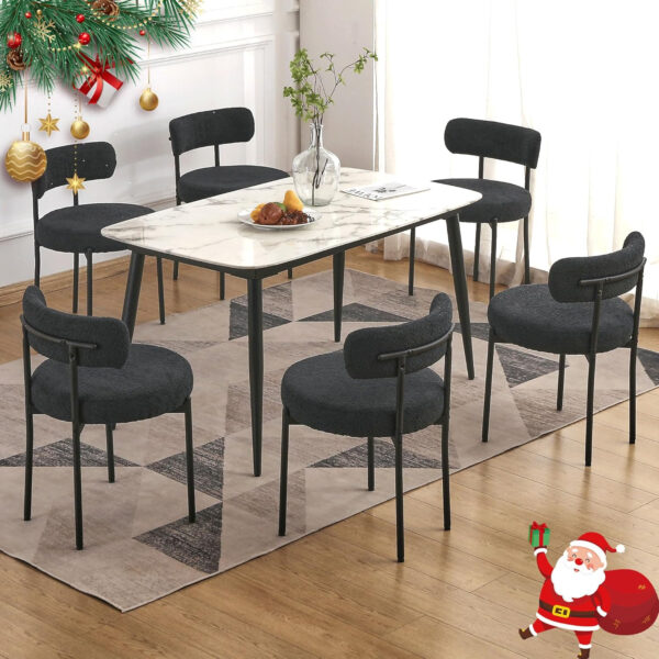 68871eb77f13f5c83264f557ca3021ce2aaef48cf899b530ceb14.jpg EDWELL Black Boucle Dining Chairs Set of 4, Mid Century Modern Dining Room Chairs with 3.94“ Cushions, Round Upholstered Kitchen Chairs with Black Metal Legs for Dining Chair, Living Room