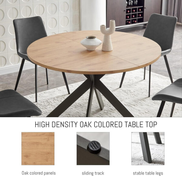 46.4" Round Dining Table Set, Mid Century Modern Round Dining Table for 4-6 Person, w/Steel Legs, Coffee Table for Kitchen Dining Room, Office, Save Space (1 Table with 4 Brown Chairs)