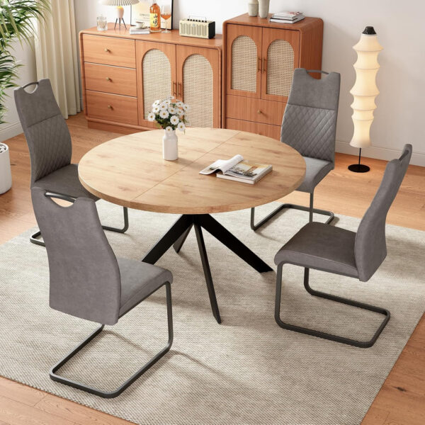 46.4" Round Dining Table Set, Mid Century Modern Round Dining Table for 4-6 Person, w/Steel Legs, Coffee Table for Kitchen Dining Room, Office, Save Space (1 Table with 4 Brown Chairs)
