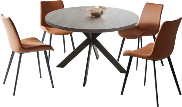 46.4" Round Dining Table Set, Mid Century Modern Round Dining Table for 4-6 Person, w/Steel Legs, Coffee Table for Kitchen Dining Room, Office, Save Space (1 Table with 4 Brown Chairs)