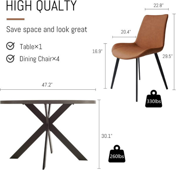 46.4" Round Dining Table Set, Mid Century Modern Round Dining Table for 4-6 Person, w/Steel Legs, Coffee Table for Kitchen Dining Room, Office, Save Space (1 Table with 4 Brown Chairs)