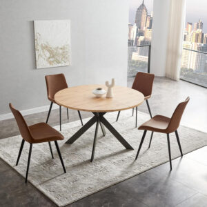 46.4" Round Dining Table Set, Mid Century Modern Round Dining Table for 4-6 Person, w/Steel Legs, Coffee Table for Kitchen Dining Room, Office, Save Space (1 Table with 4 Brown Chairs)