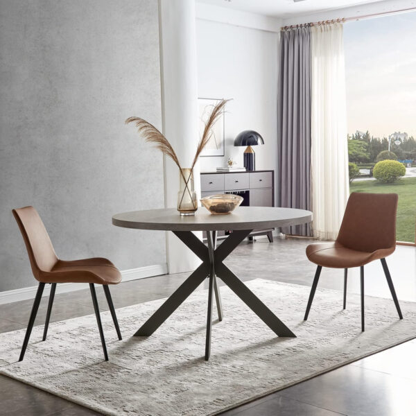 46.4" Round Dining Table Set, Mid Century Modern Round Dining Table for 4-6 Person, w/Steel Legs, Coffee Table for Kitchen Dining Room, Office, Save Space (1 Table with 4 Brown Chairs)
