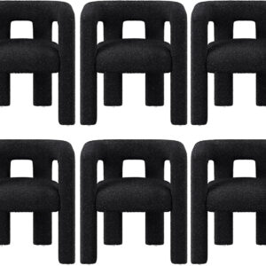 BELLEZE Modern Boucle Barrel Dining Chair Set of 6, Upholstered Linen Kitchen Boucle Armchair with Sidearms and Back, for Dining Room Living Room- Black