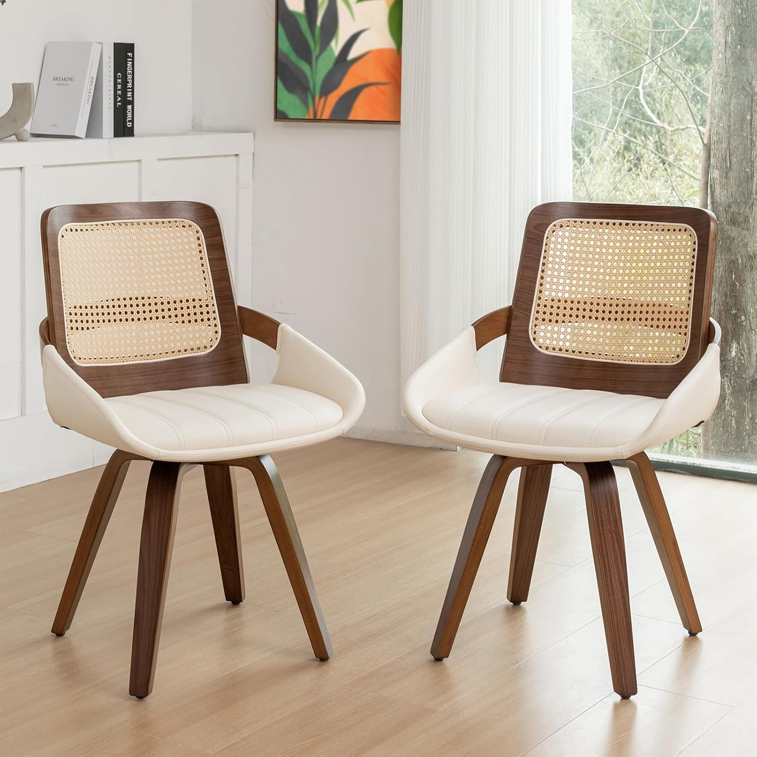 Set of 2 Swivel Rattan Dining Chairs - Walnut Dining Chairs with Bentwood Frame with Ergonomic Cane Back, Curved Arms, MCM Ideal for Kitchen/Conference/Restaurant/Living Room (Walnut Beige)