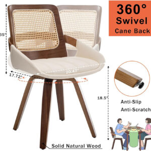 Set of 2 Swivel Rattan Dining Chairs - Walnut Dining Chairs with Bentwood Frame with Ergonomic Cane Back, Curved Arms, MCM Ideal for Kitchen/Conference/Restaurant/Living Room (Walnut Beige)